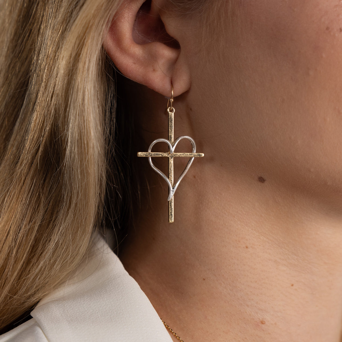 Two Tone Cross and Heart Drop Earrings