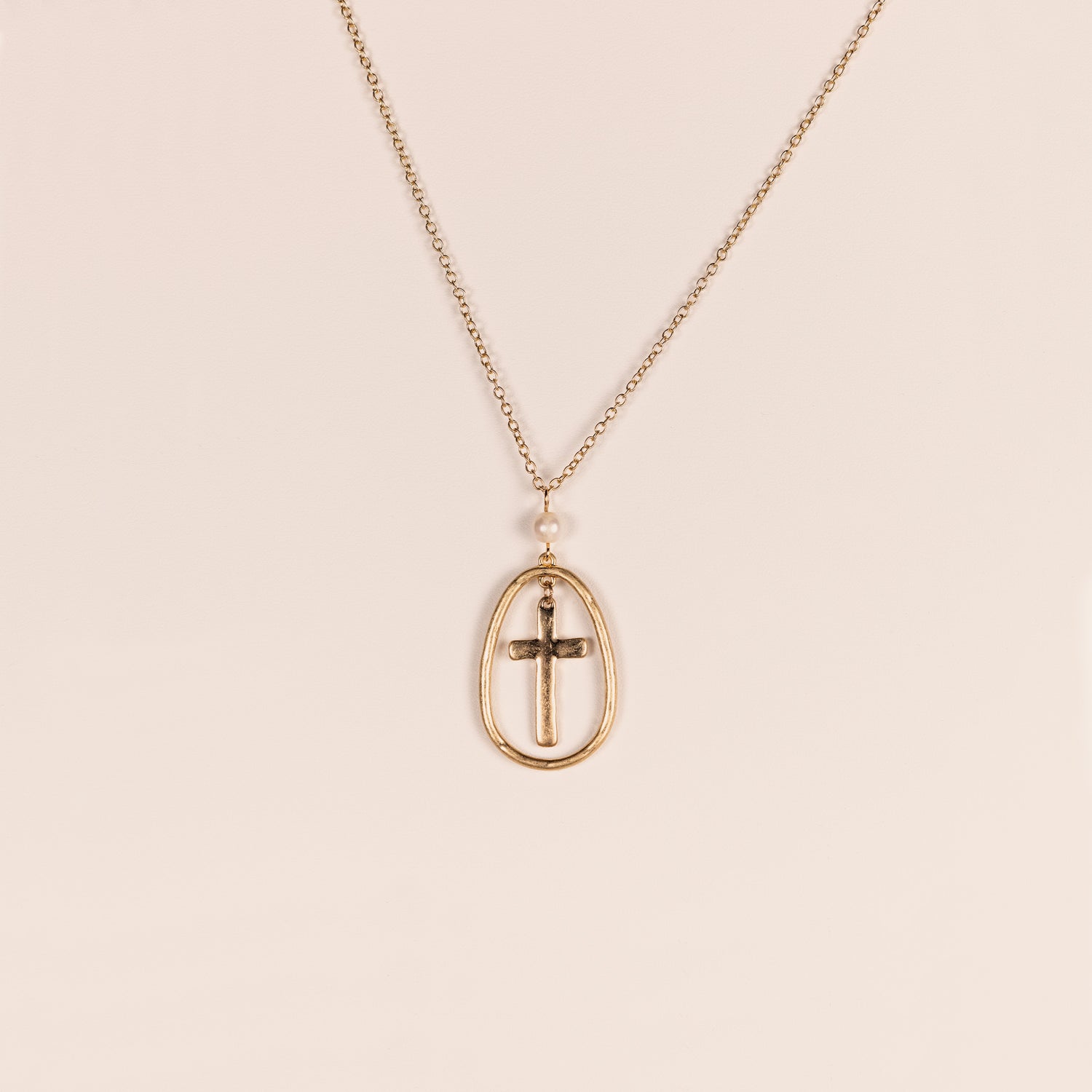 Gold Hammered Cross Necklace with Fresh Water Pearl