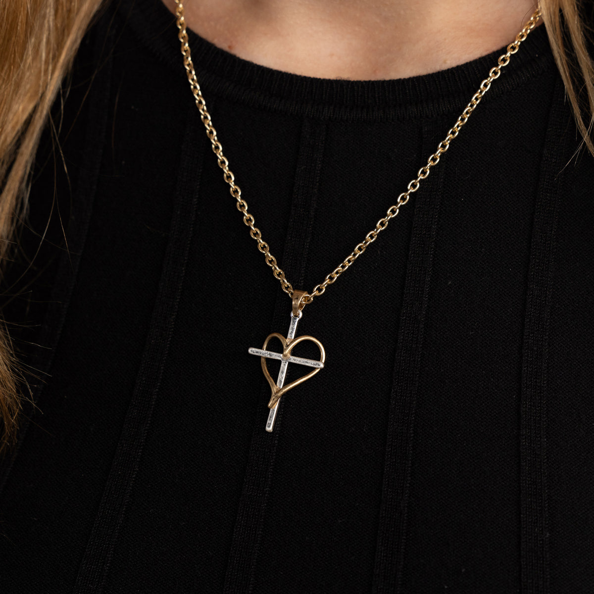 Two Tone Cross Heart Pendant Necklace