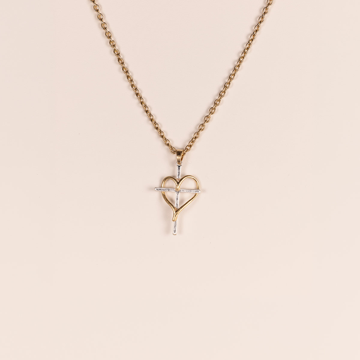 Two Tone Cross Heart Pendant Necklace